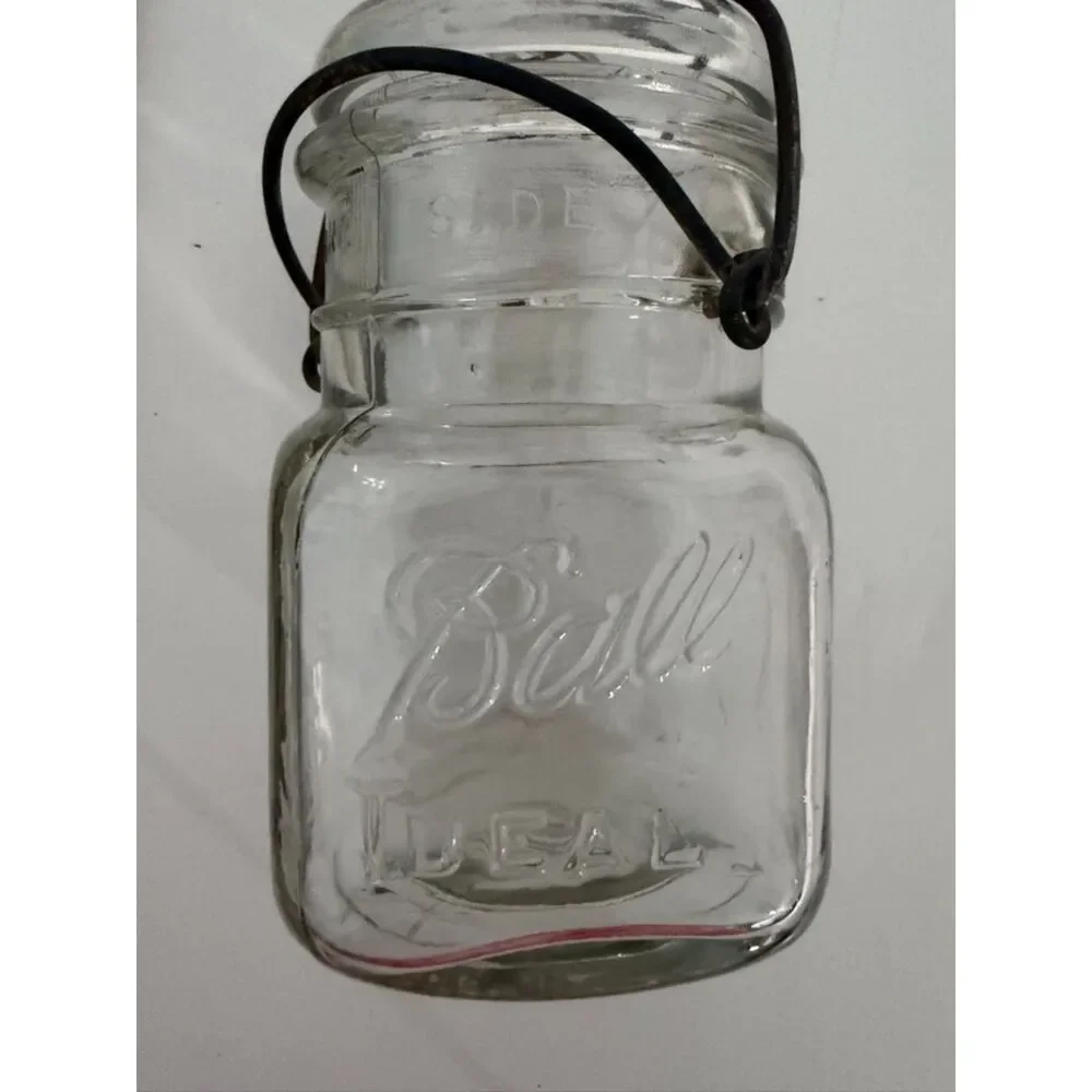 vtg ball ideal pint canning jar with glass lid and wire bail
